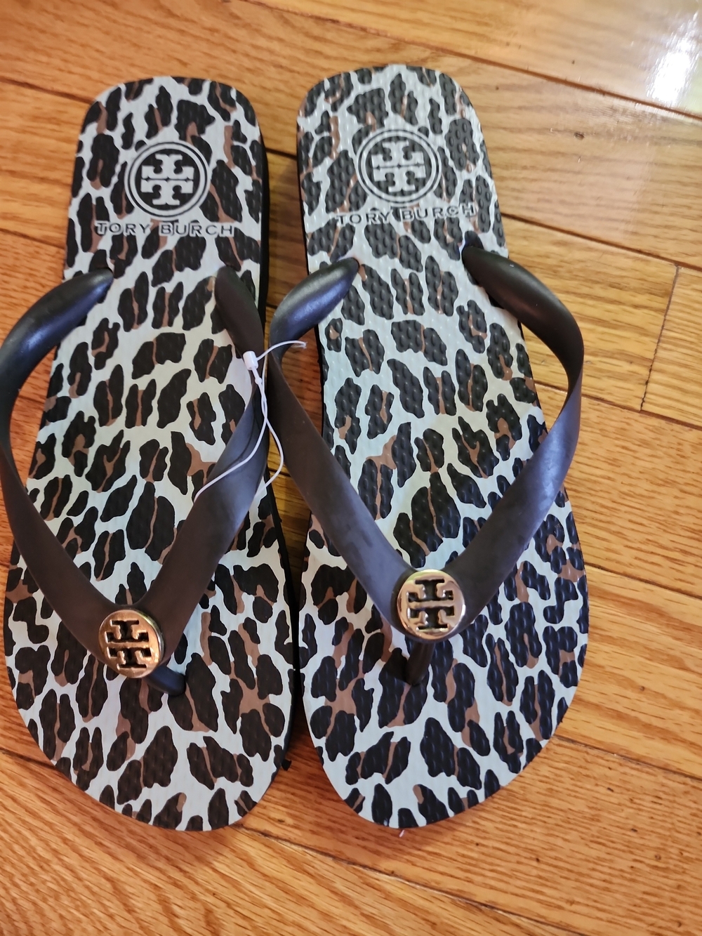 Tory Burch Women's Brown With  Leopard-Print Footbed Flip Flops with Gold Logo